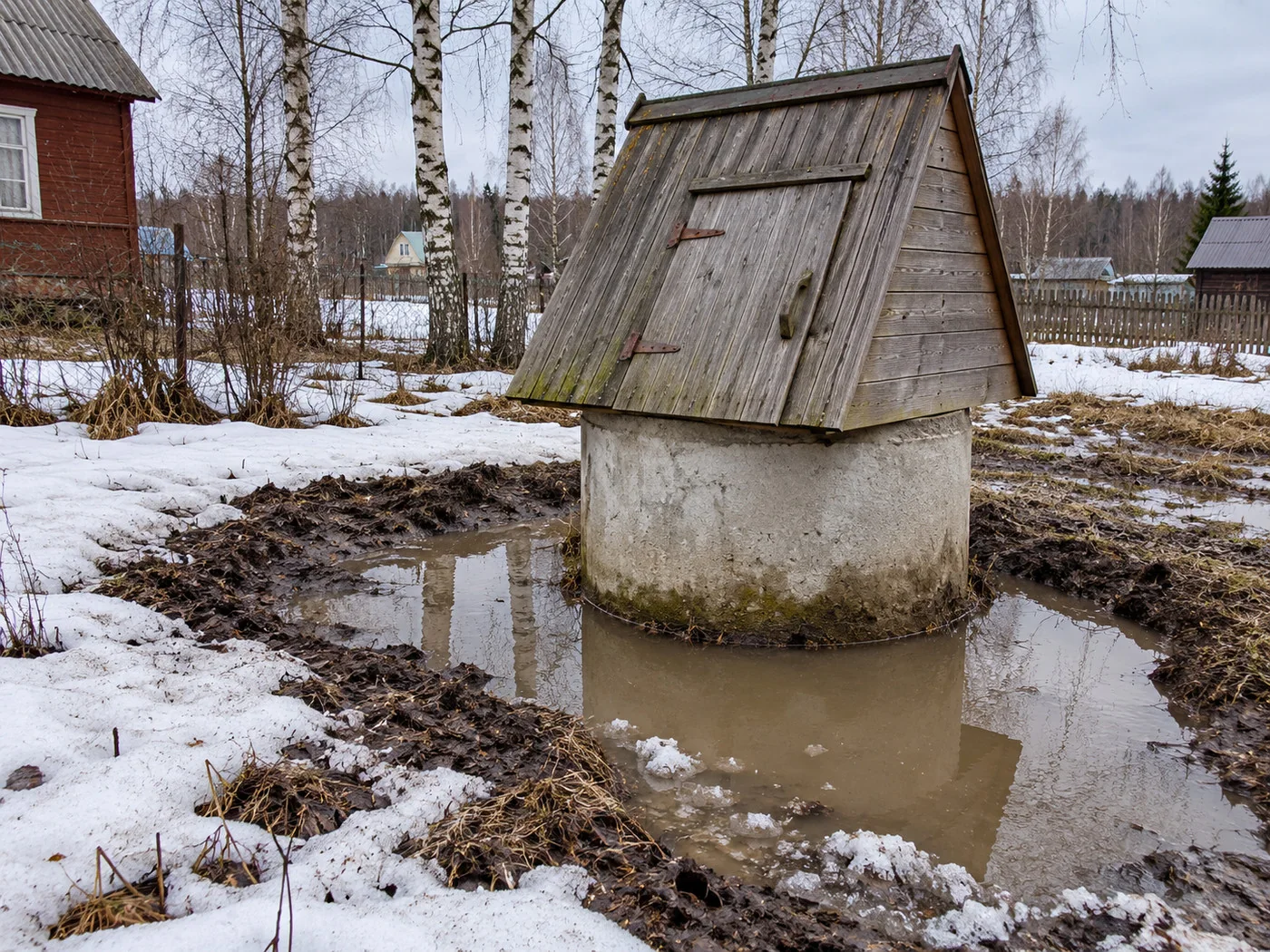 Лужа талой воды у основания колодца весной, грунт вокруг кольца просел